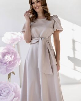 KLARA – sukienka midi z bufiastym rękawkiem w kolorze beżowym