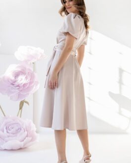 KLARA – sukienka midi z bufiastym rękawkiem w kolorze beżowym