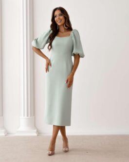 ADELINE – sukienka midi z bufiastym rękawem w kolorze szałwii