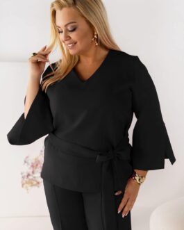 LUX – komplet bluzka z rękawkiem & spodnie w kolorze czarnym