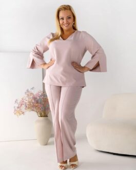 LUX – komplet bluzka z rękawkiem & spodnie w kolorze pudrowego różu