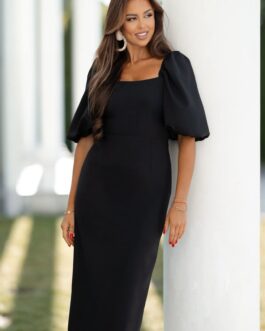 ADELINE – sukienka midi z bufiastym rękawem w kolorze czarnym