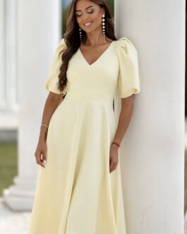 SIMONA – sukienka z bufiastym rękawkiem o długości midi w kolorze masełkowym