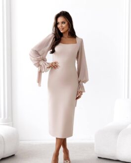 GIANNA – sukienka ołówkowa o długości midi z długim szyfonowym rękawem w kolorze mocca