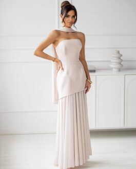 ROZALIA – suknia gorsetowa o długości maxi z szalem w kolorze beżowym