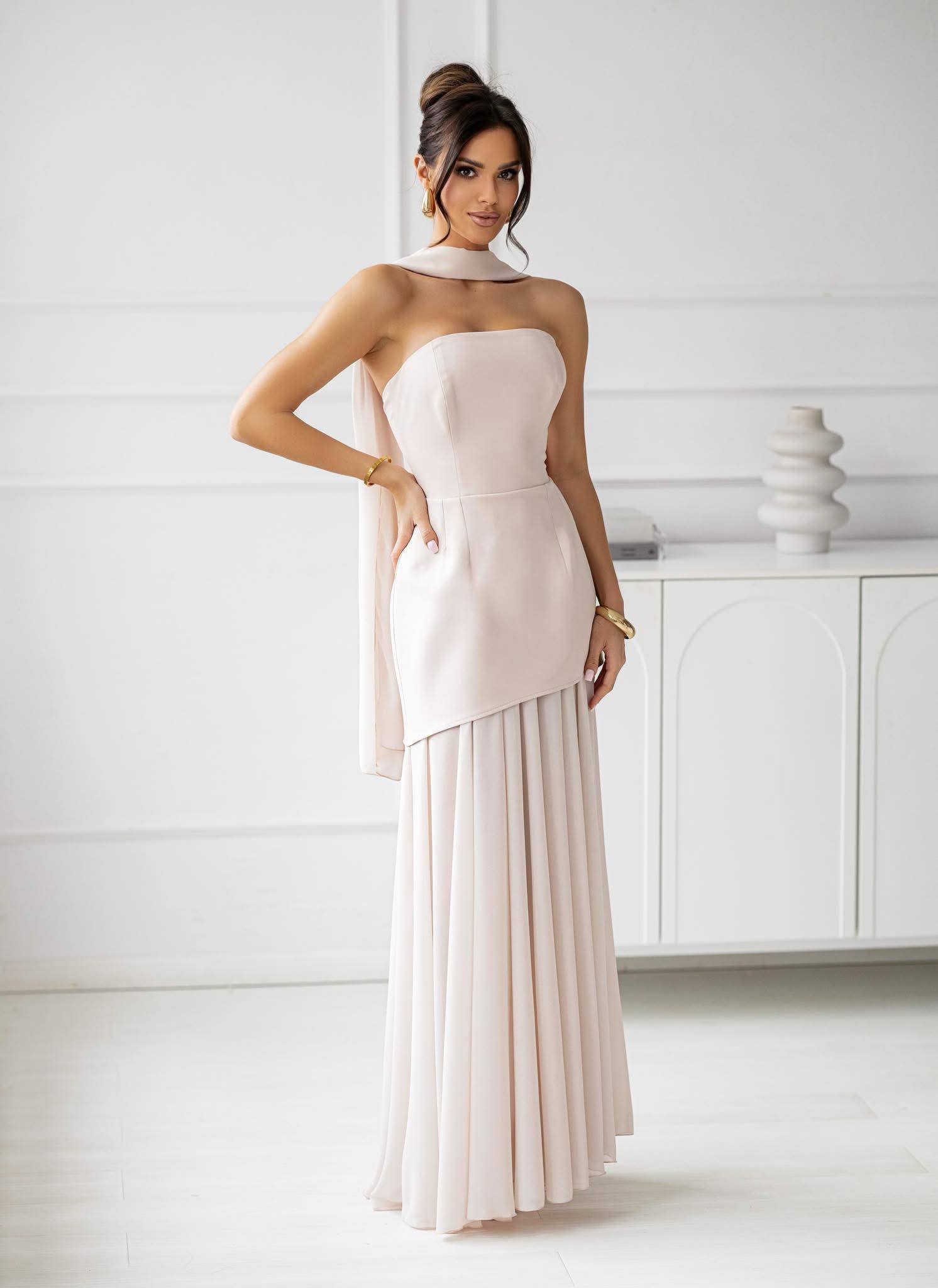 ROZALIA - suknia gorsetowa o długości maxi z szalem w kolorze beżowym