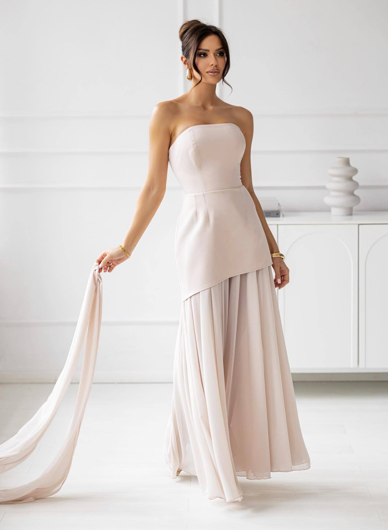 ROZALIA - suknia gorsetowa o długości maxi z szalem w kolorze beżowym - obrazek 2