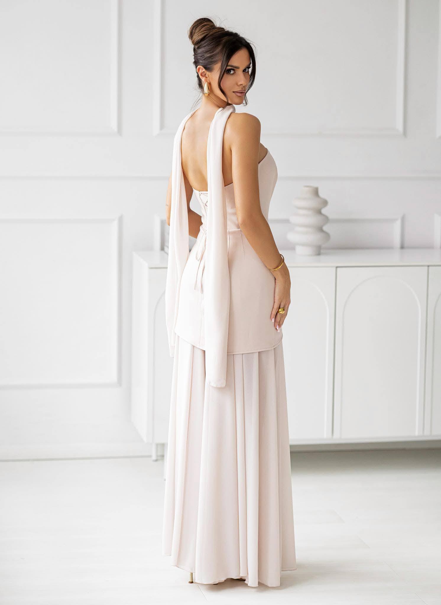 ROZALIA - suknia gorsetowa o długości maxi z szalem w kolorze beżowym - obrazek 4