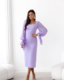 GIANNA – sukienka ołówkowa o długości midi z długim szyfonowym rękawem w kolorze fioletowym