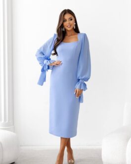 GIANNA – sukienka ołówkowa o długości midi z długim szyfonowym rękawem w kolorze niebieskim