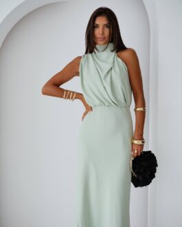 MOON – sukienka o długości maxi z dekoltem typu woda w kolorze pistacji