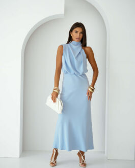 MOON – sukienka o długości maxi z dekoltem typu woda w kolorze błękitnym